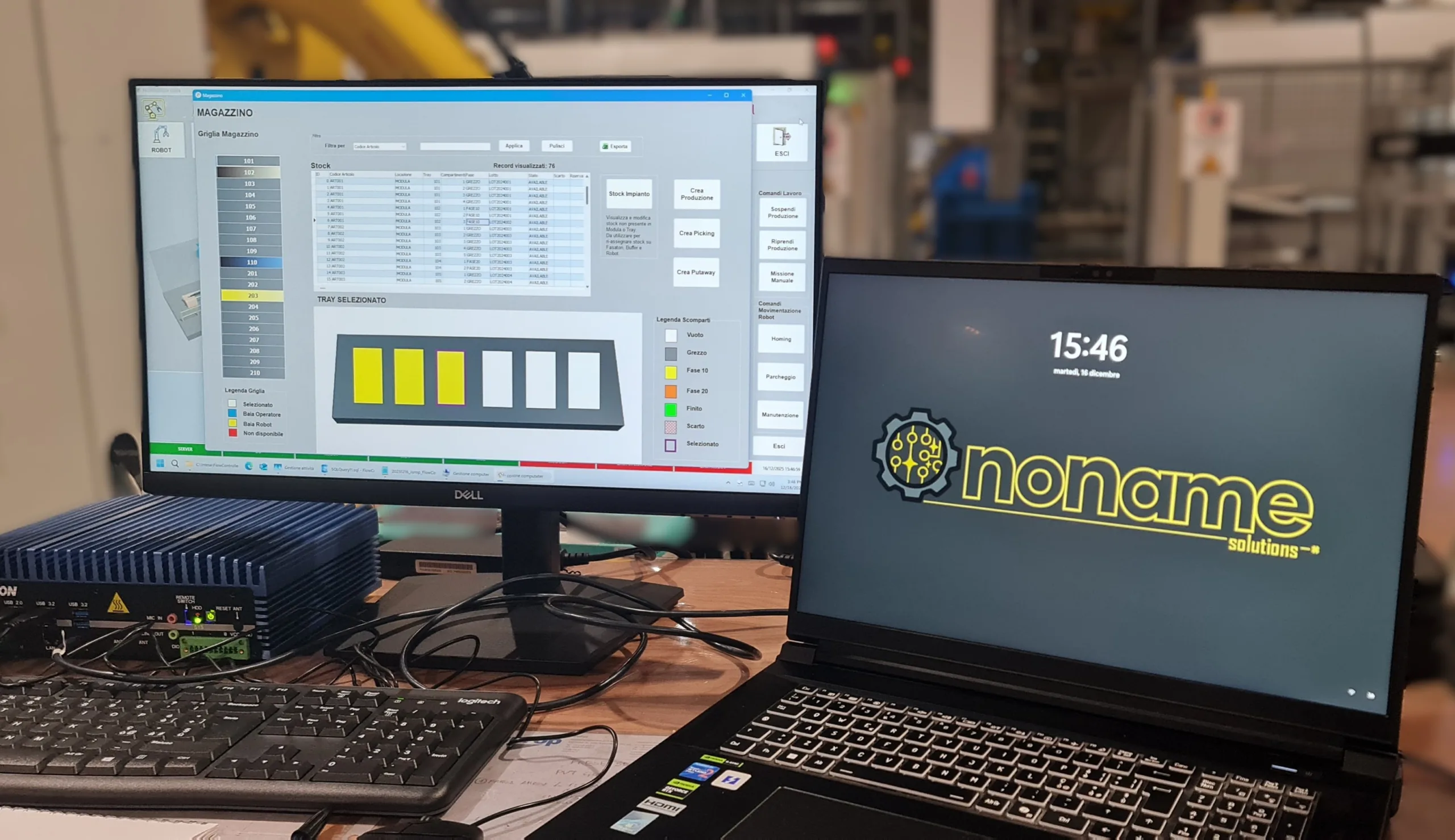 Supervisore software per cella robotizzata: Robot Fanuc R-2000iC, magazzino verticale Modula, due centri CNC DMG